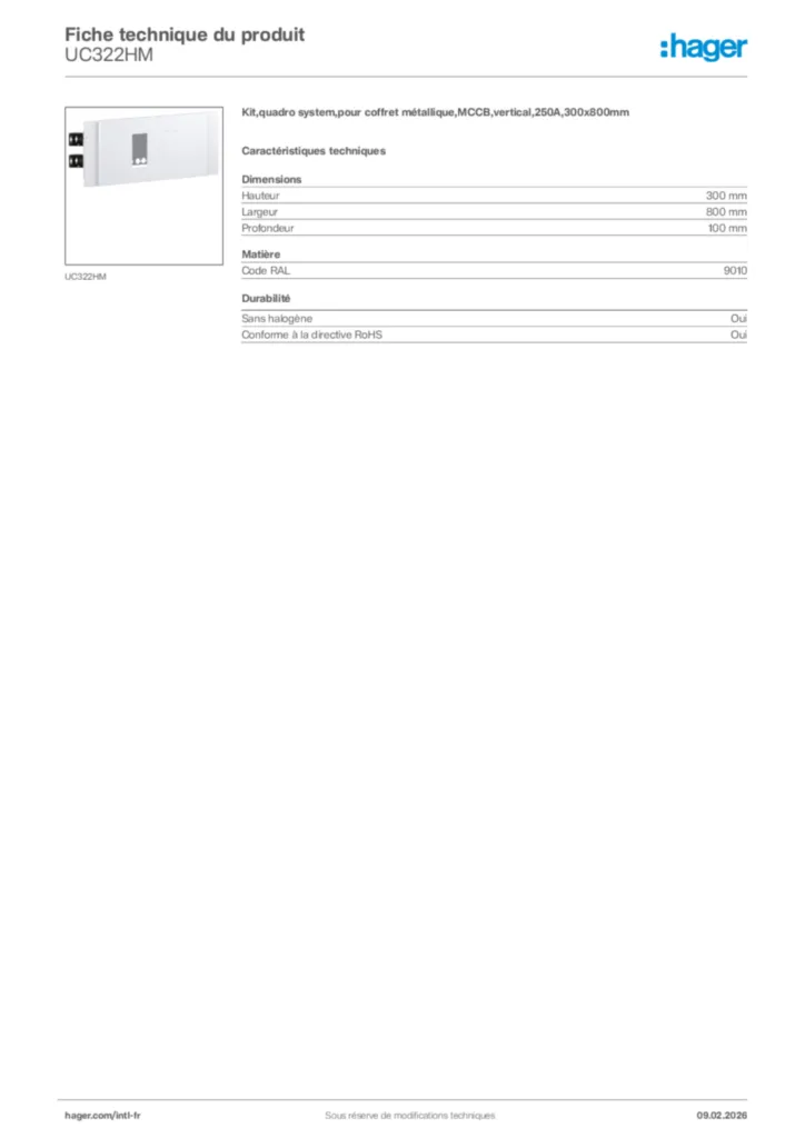 Image Hager Fiche technique du produit UC322HM | Hager Afrique