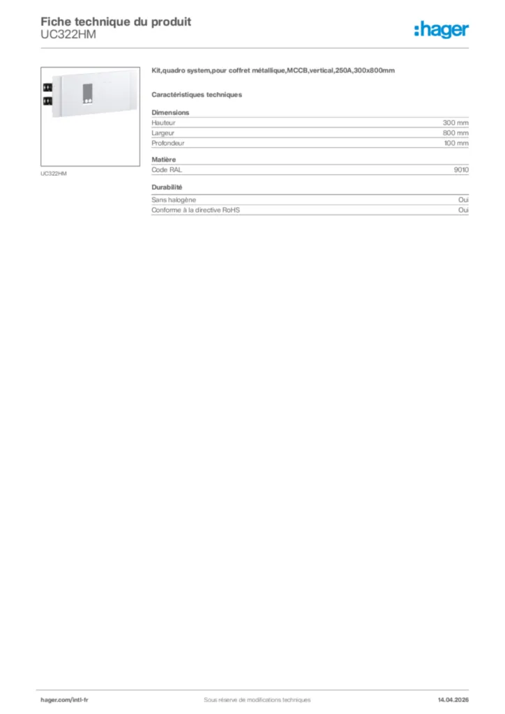 Image Hager Fiche technique du produit UC322HM | Hager Afrique
