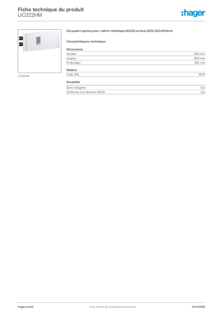Image Hager Fiche technique du produit UC322HM | Hager France