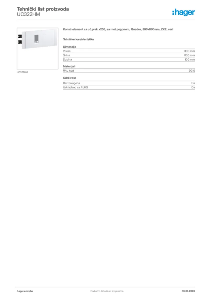Slika Hager Tehnički list proizvoda UC322HM  | Hager