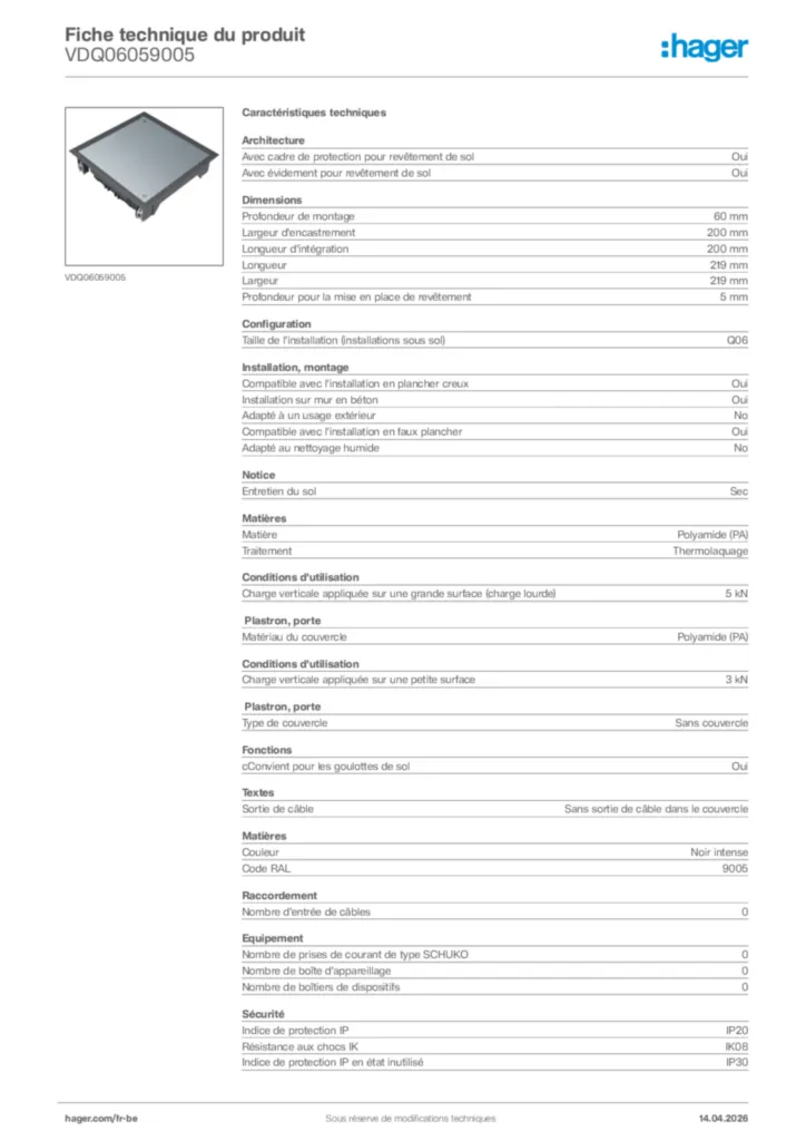 Image Hager Fiche technique du produit VDQ06059005 | Hager Belgique