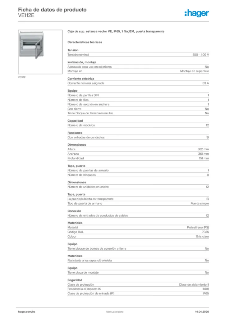 Imagen Hager Ficha de datos de producto VE112E | Hager España