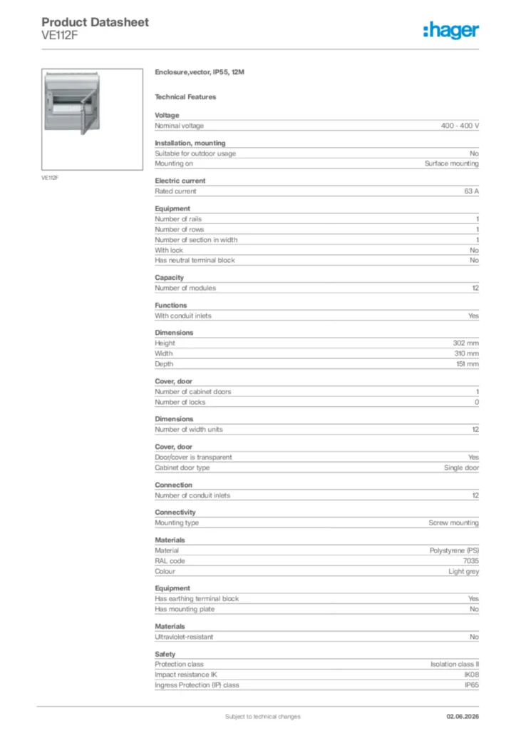 Image Hager Product data sheet VE112F  | Hager Africa