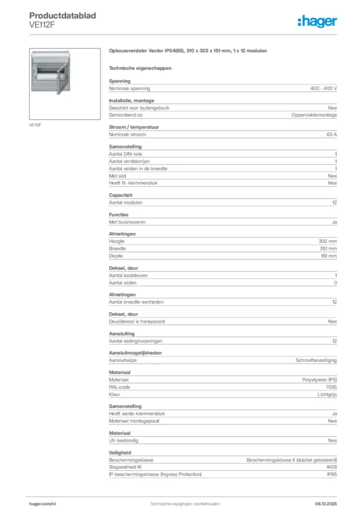 Afbeelding Hager Productdatablad VE112F | Hager Nederland