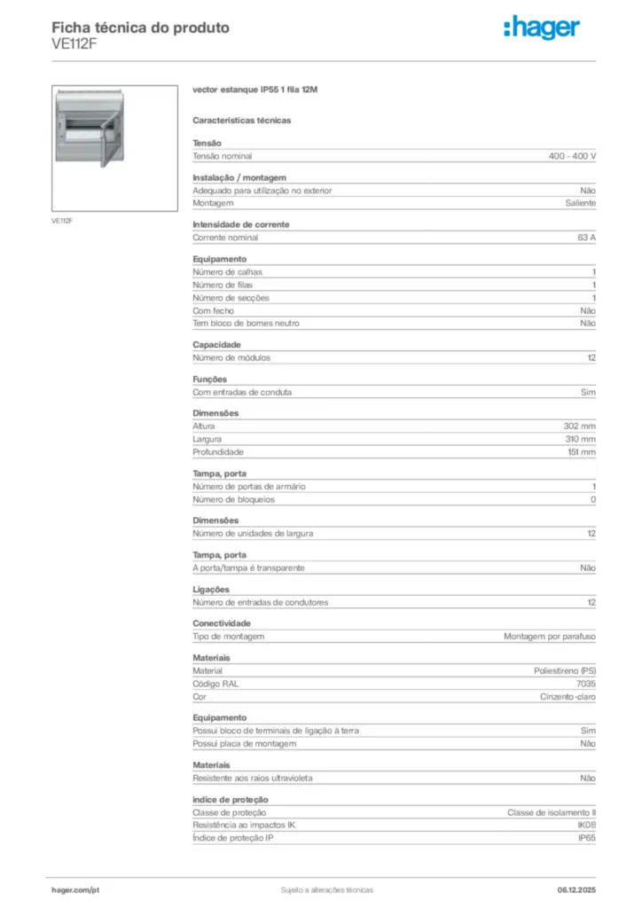 Imagem Hager Ficha técnica do produto VE112F | Hager Portugal