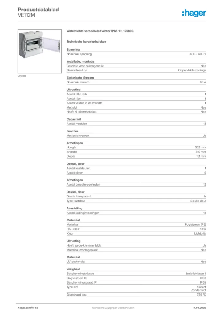 Afbeelding Hager Productdatablad VE112M | Hager Belgium