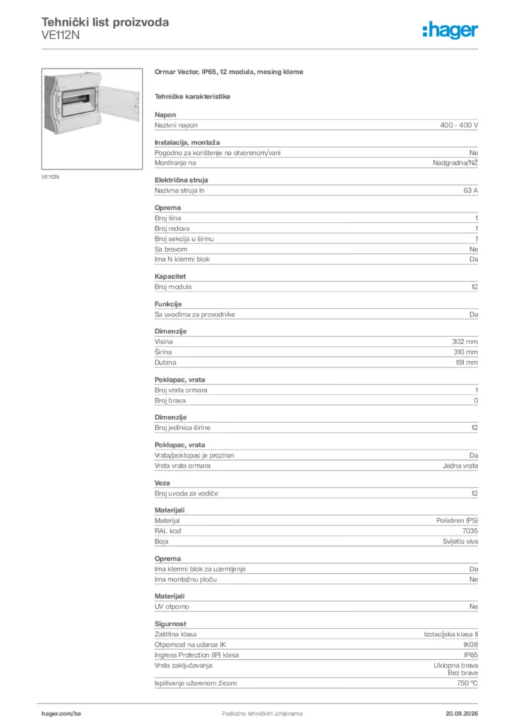 Slika Hager Tehnički list proizvoda VE112N  | Hager