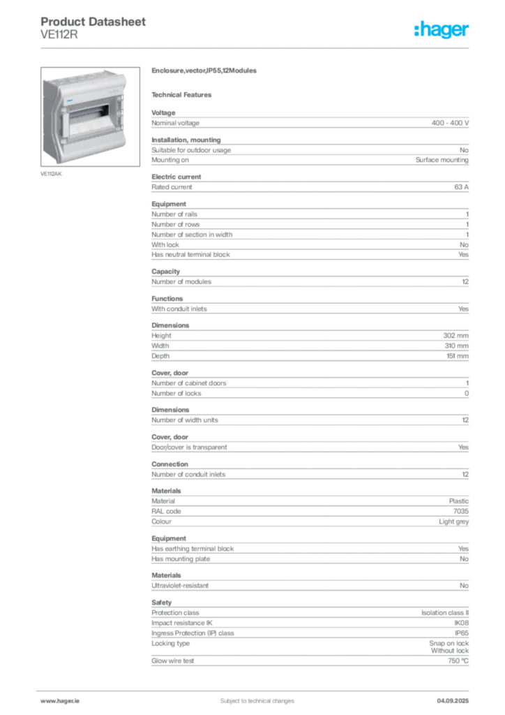 Image Hager Product data sheet VE112R  | Hager