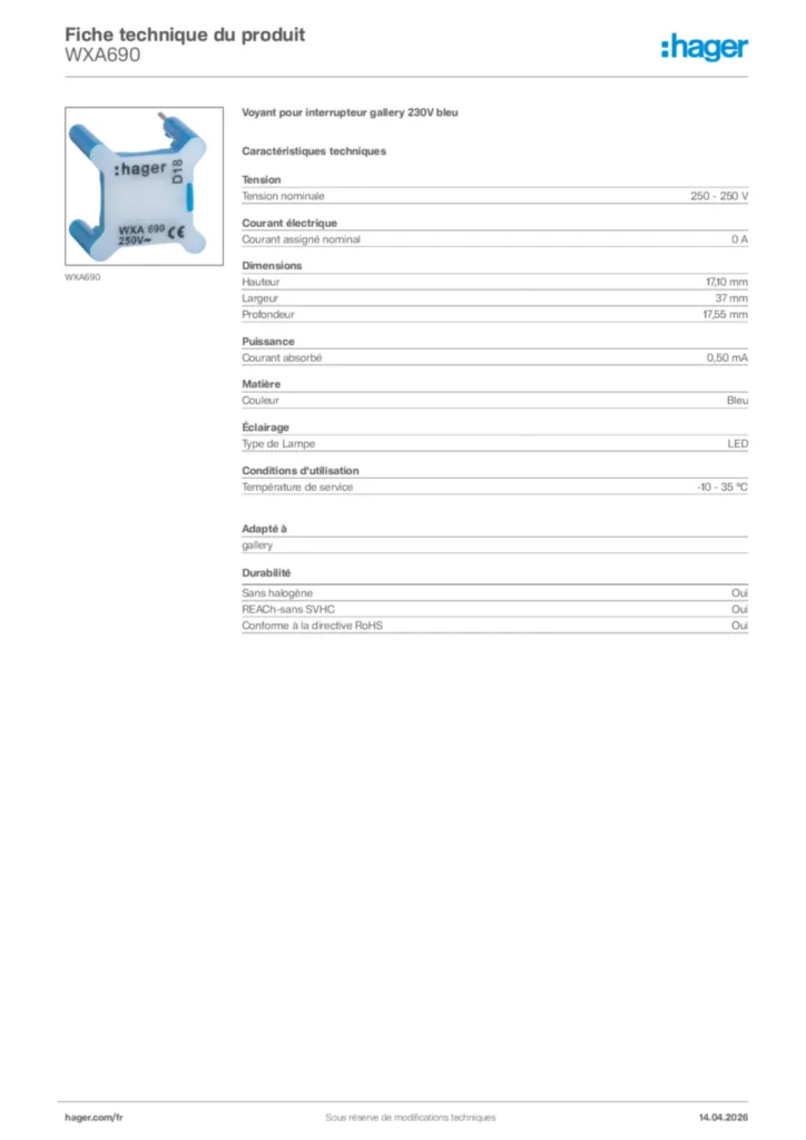 Image Hager Fiche technique du produit WXA690 | Hager France