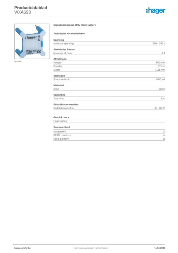 Afbeelding Hager Productdatablad WXA690 | Hager Belgium