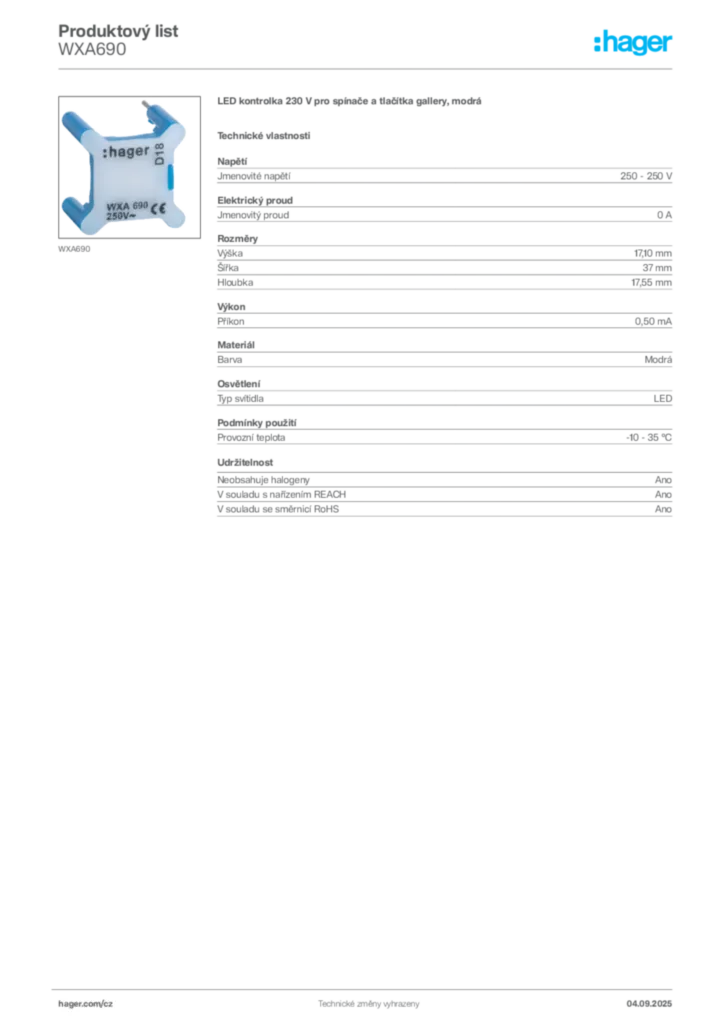 Obrázek Hager Produktový list WXA690 | Hager