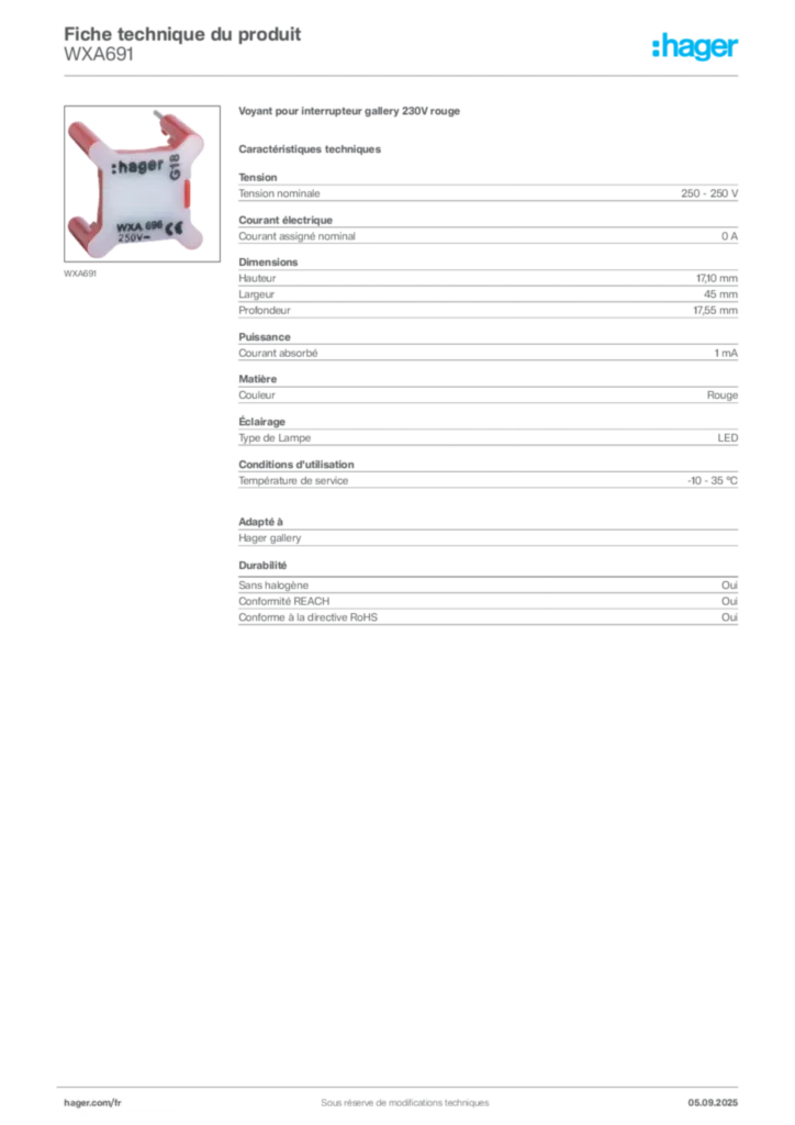 Image Hager Fiche technique du produit WXA691 | Hager France