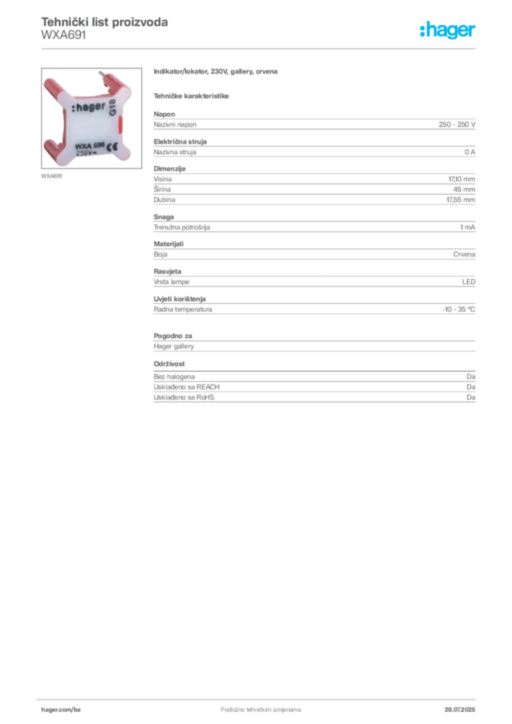 Slika Hager Product data sheet WXA691  | Hager