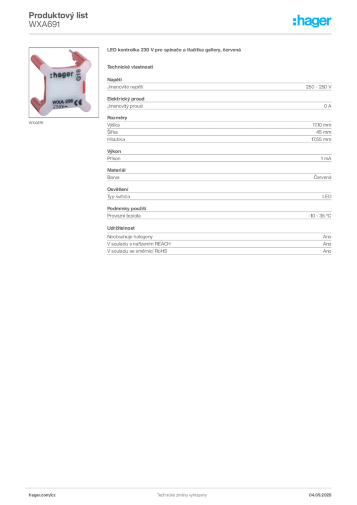 Obrázek Hager Produktový list WXA691 | Hager