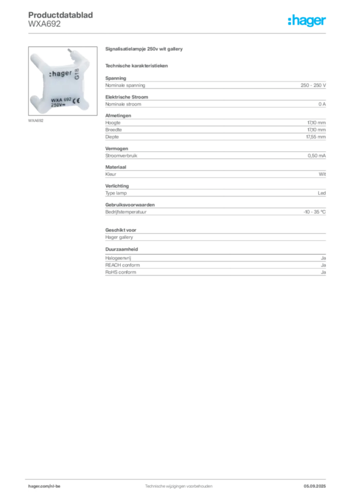 Afbeelding Hager Productdatablad WXA692 | Hager Belgium