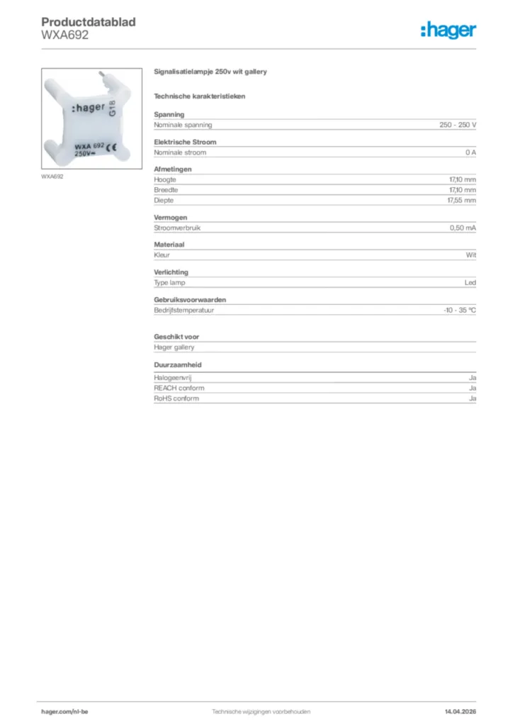 Afbeelding Hager Productdatablad WXA692 | Hager Belgium