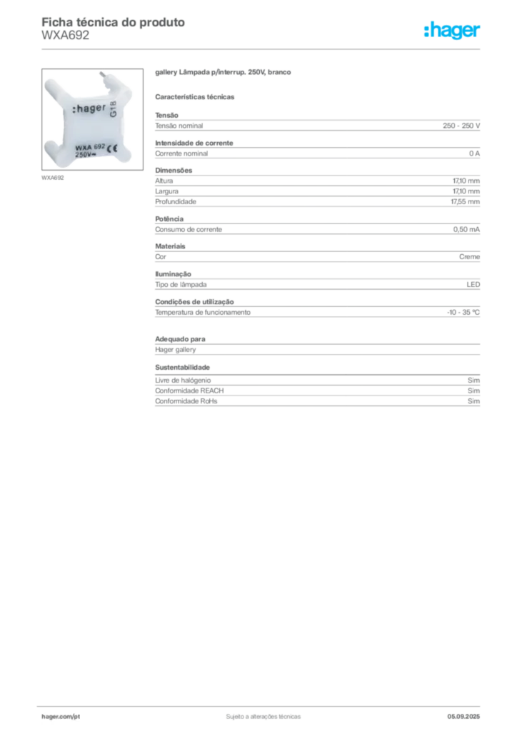 Imagem Hager Ficha técnica do produto WXA692 | Hager Portugal