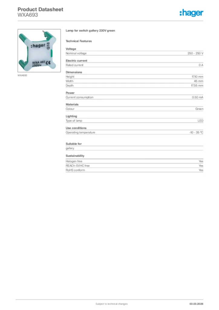 Image Hager Product data sheet WXA693  | Hager Africa