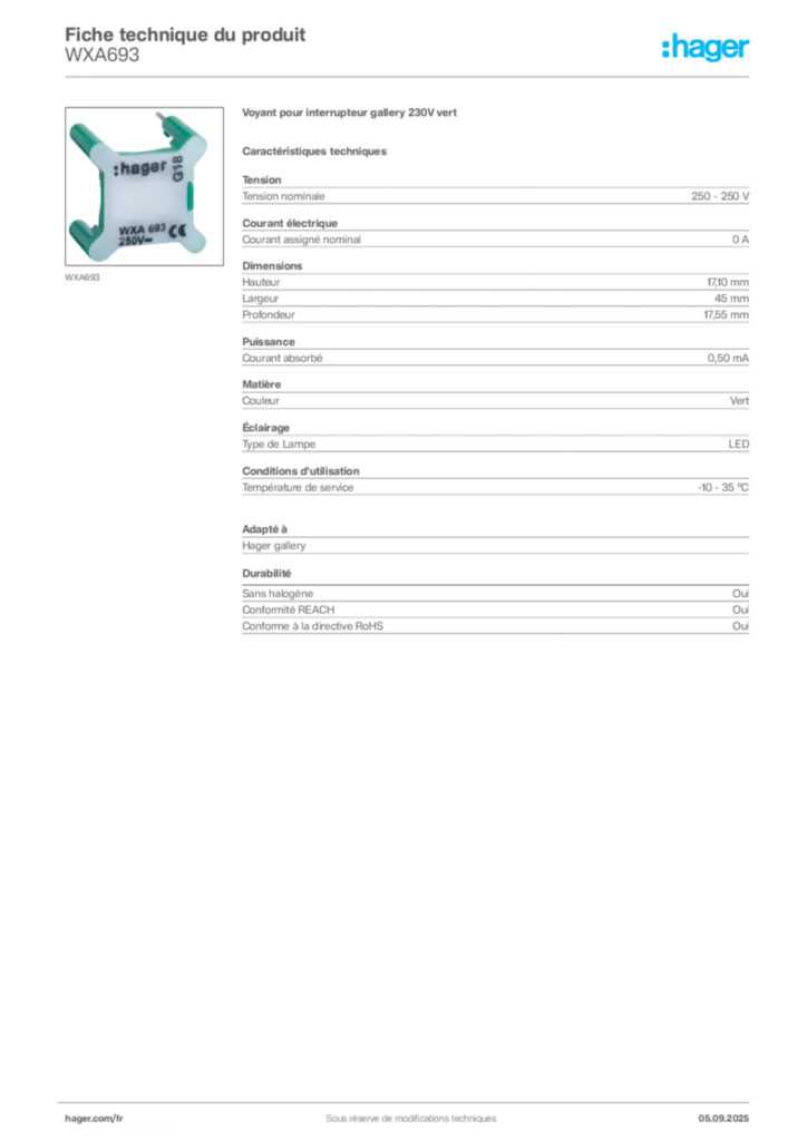 Image Hager Fiche technique du produit WXA693 | Hager France