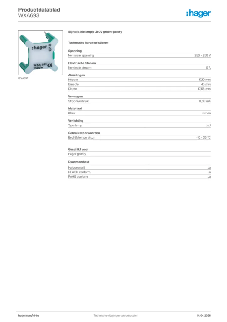 Afbeelding Hager Productdatablad WXA693 | Hager Belgium