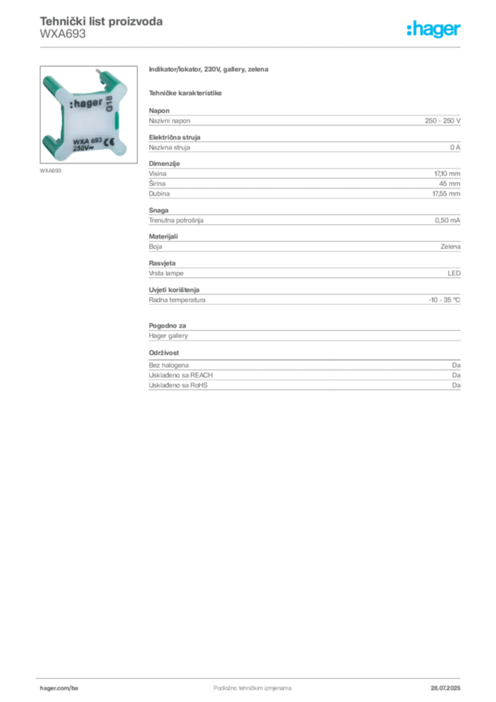 Slika Hager Product data sheet WXA693  | Hager