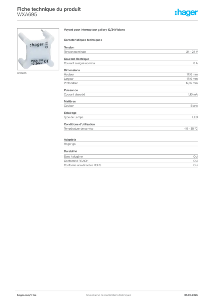 Image Hager Fiche technique du produit WXA695 | Hager Belgique