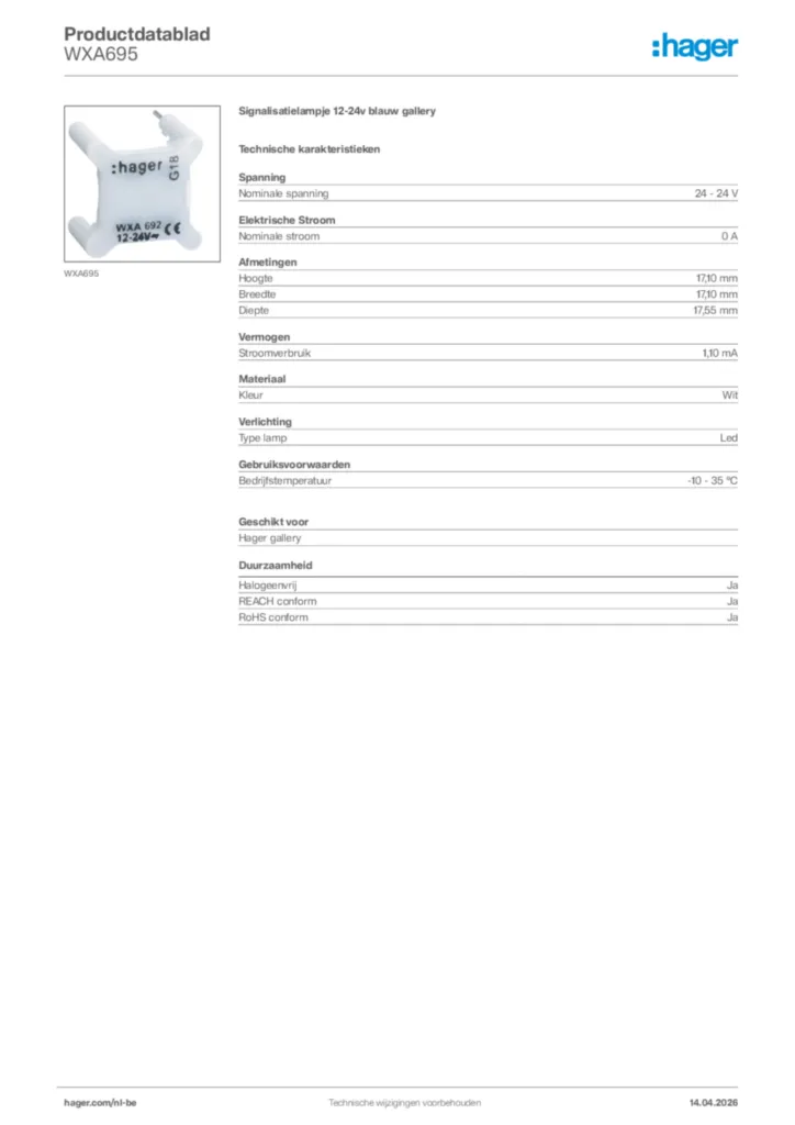 Afbeelding Hager Productdatablad WXA695 | Hager Belgium