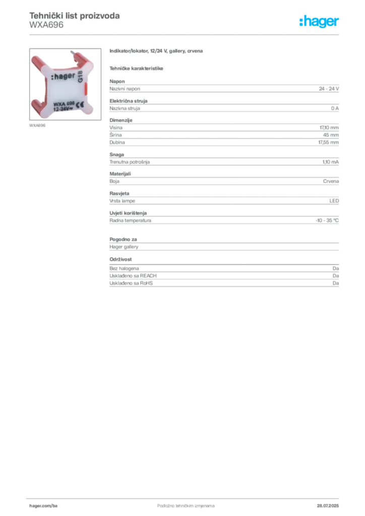 Slika Hager Product data sheet WXA696  | Hager