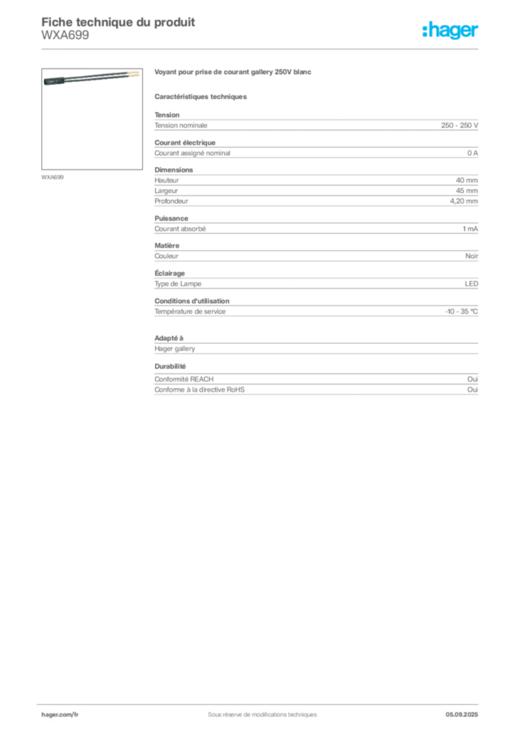 Image Hager Fiche technique du produit WXA699 | Hager France