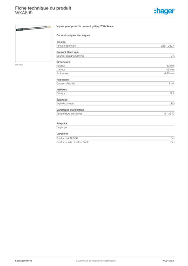 Image Hager Fiche technique du produit WXA699 | Hager Belgique