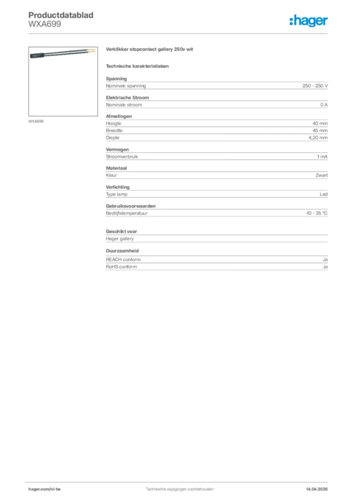 Afbeelding Hager Productdatablad WXA699 | Hager Belgium