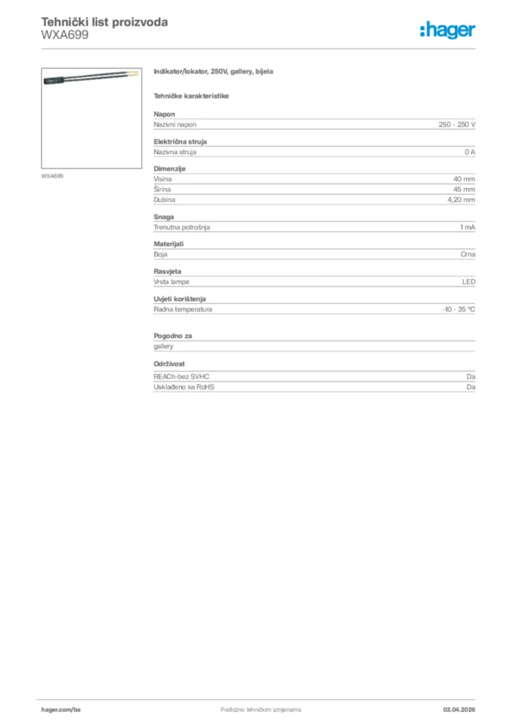 Slika Hager Tehnički list proizvoda WXA699  | Hager