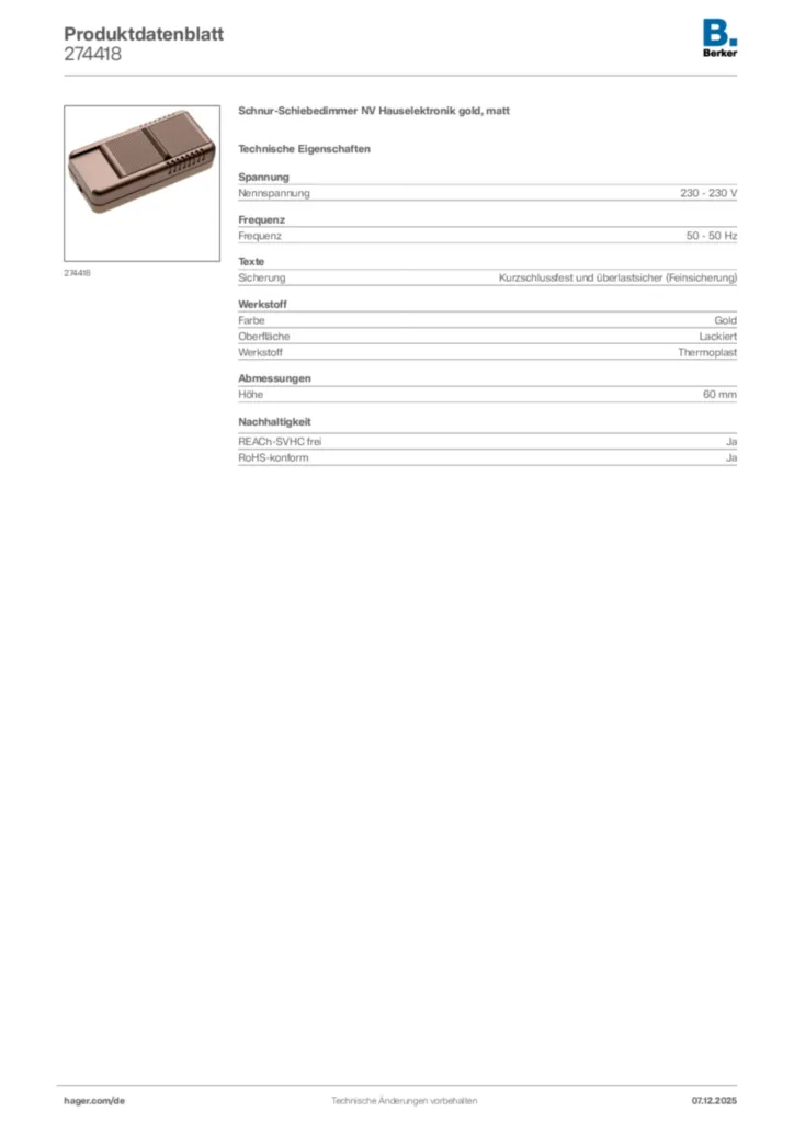 Bild Berker Produktdatenblatt 274418 | Hager Deutschland