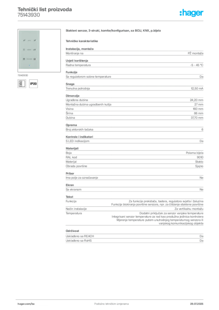 Slika Hager Product data sheet 75143930  | Hager