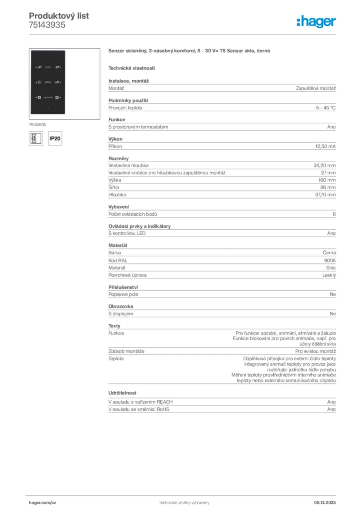 Obrázek Hager Product data sheet 75143935 | Hager