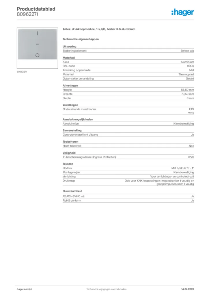 Afbeelding Hager Productdatablad 80962271 | Hager Nederland