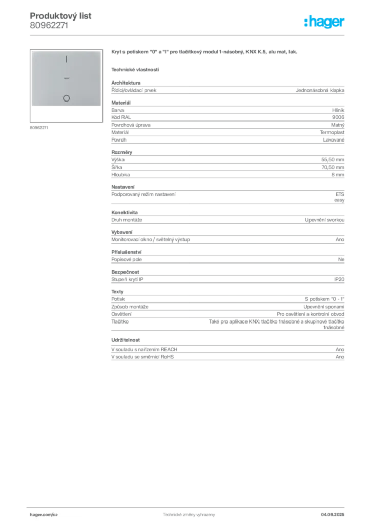 Obrázek Hager Produktový list 80962271 | Hager
