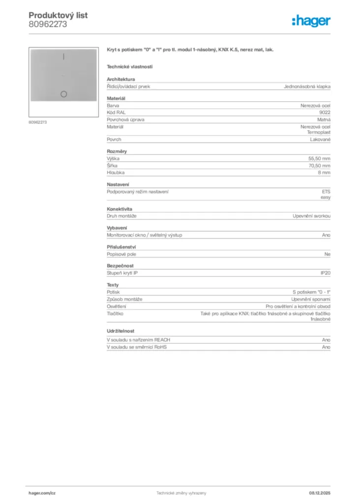 Obrázek Hager Product data sheet 80962273 | Hager
