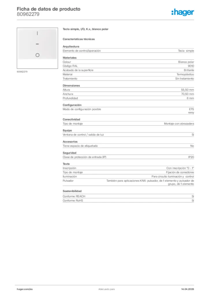 Imagen Hager Ficha de datos de producto 80962279 | Hager España
