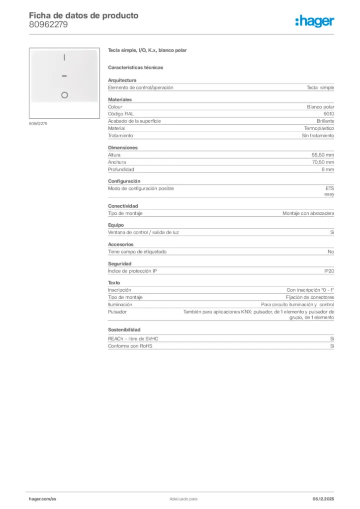 Imagen Hager Ficha de datos de producto 80962279 | Hager España