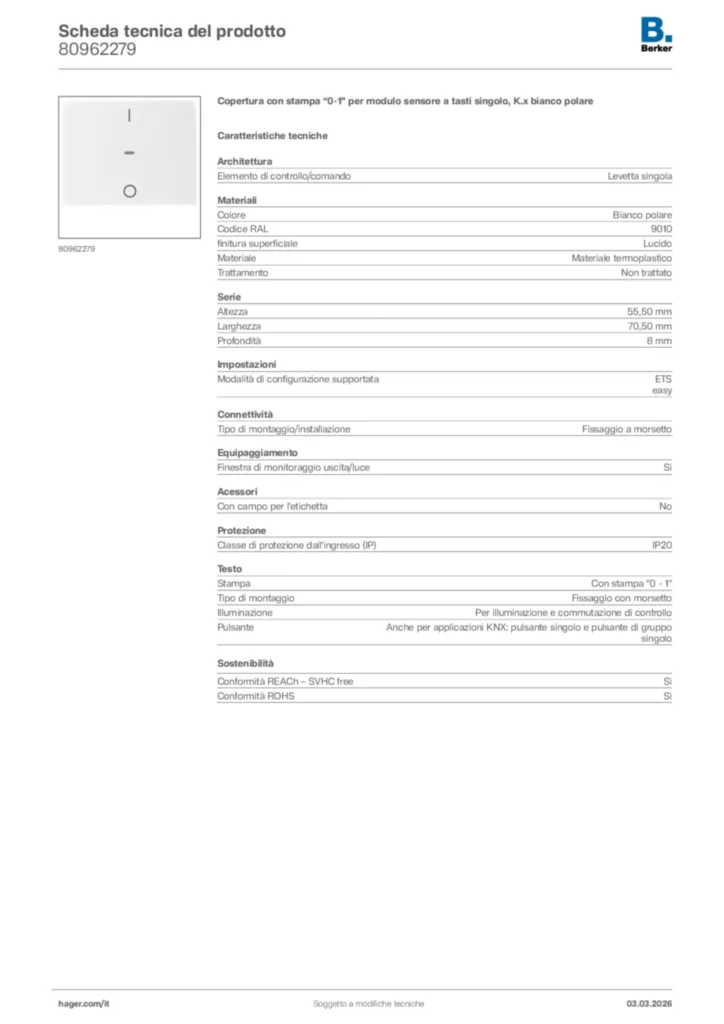 Immagine Berker Scheda tecnica del prodotto 80962279 | Hager Italia