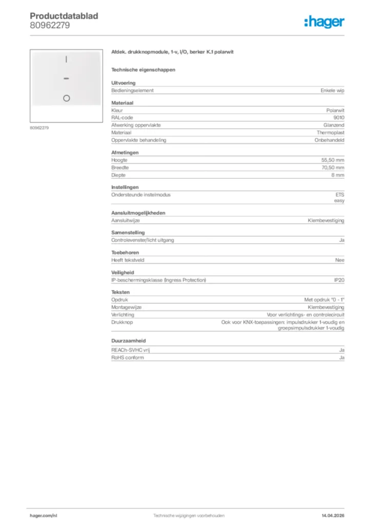 Afbeelding Hager Productdatablad 80962279 | Hager Nederland