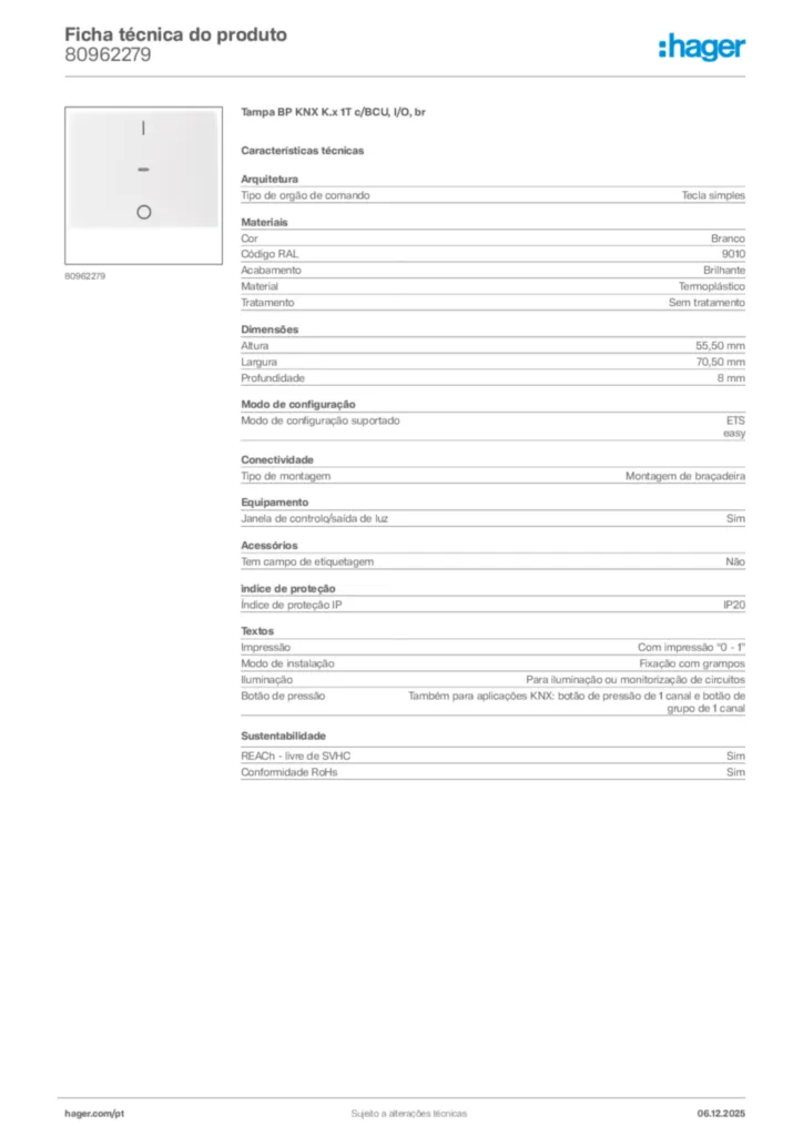 Imagem Hager Ficha técnica do produto 80962279 | Hager Portugal