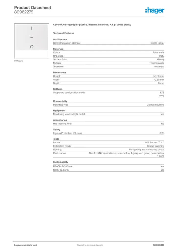 Image Hager Product data sheet 80962279  | Hager