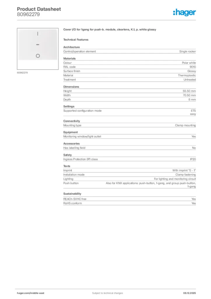 Image Hager Product data sheet 80962279  | Hager