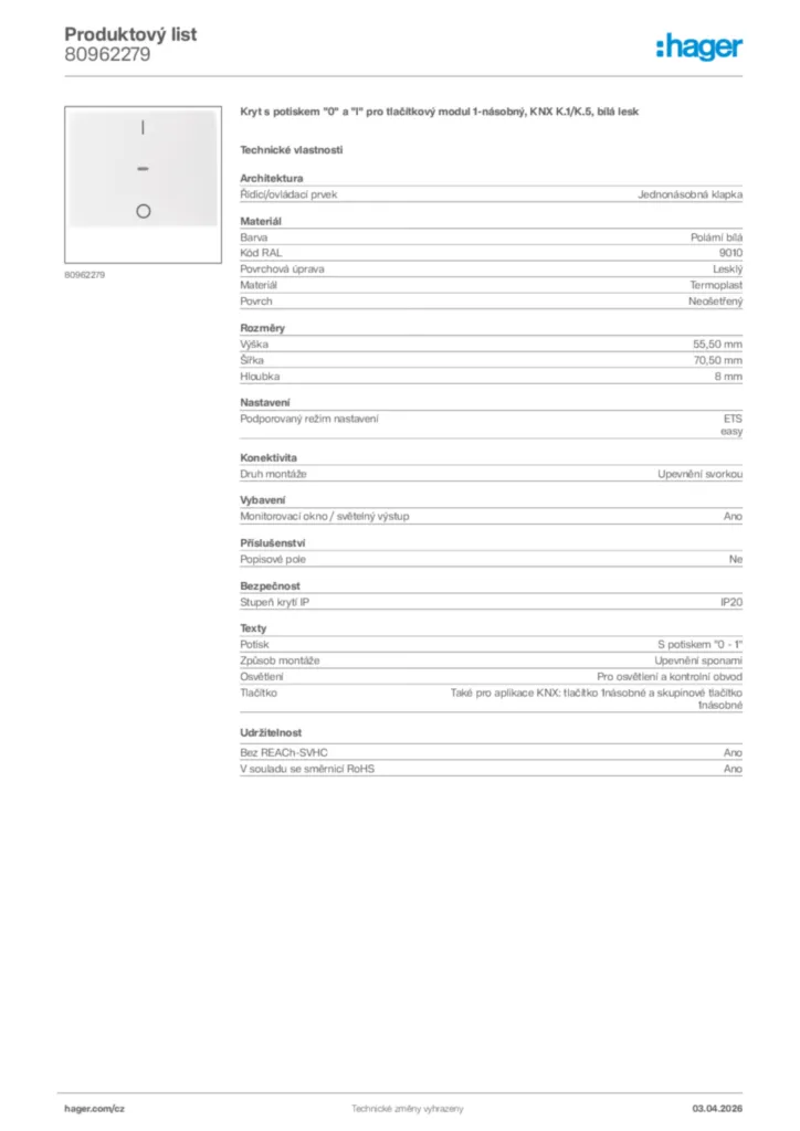 Obrázek Hager Product data sheet 80962279 | Hager