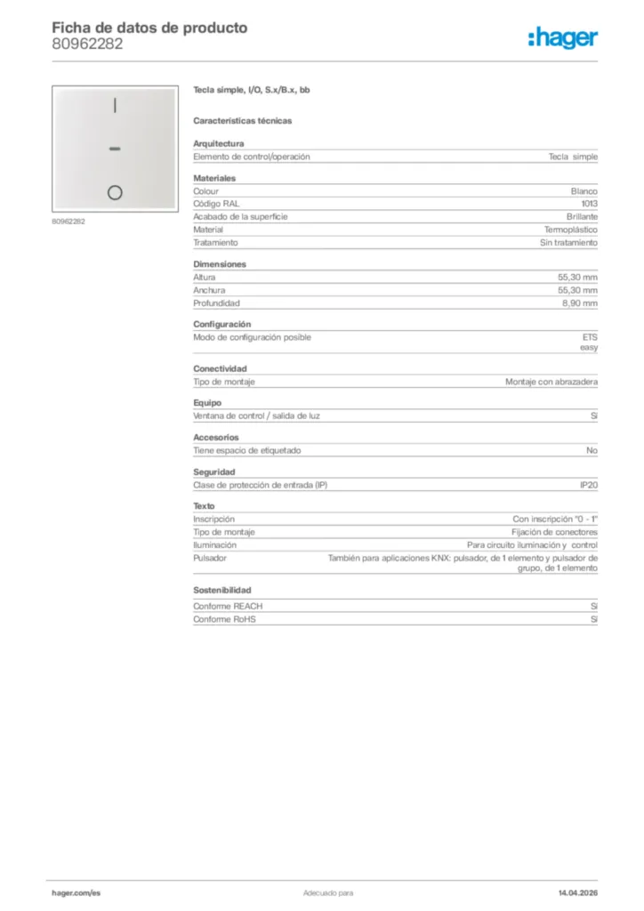 Imagen Hager Ficha de datos de producto 80962282 | Hager España