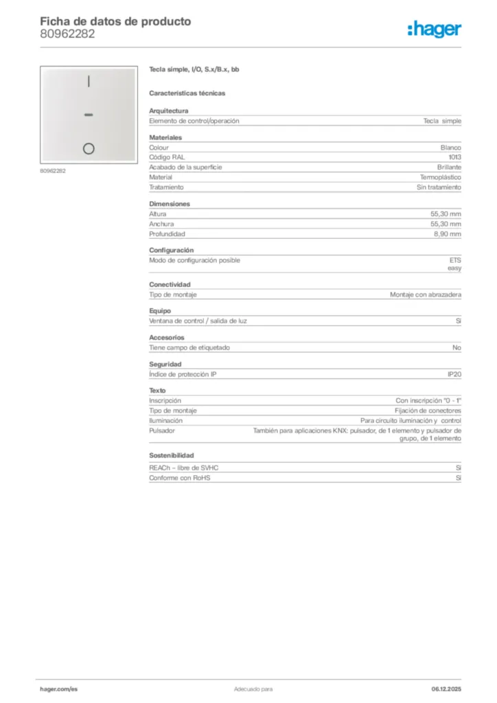 Imagen Hager Ficha de datos de producto 80962282 | Hager España