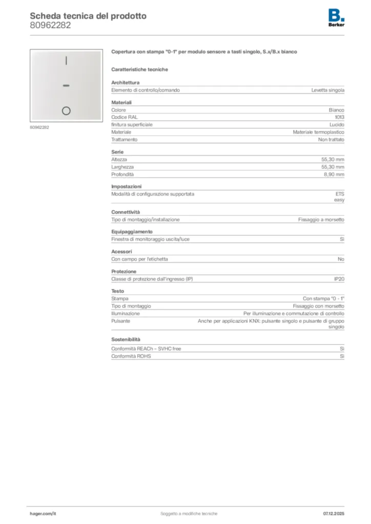 Immagine Berker Scheda tecnica del prodotto 80962282 | Hager Italia