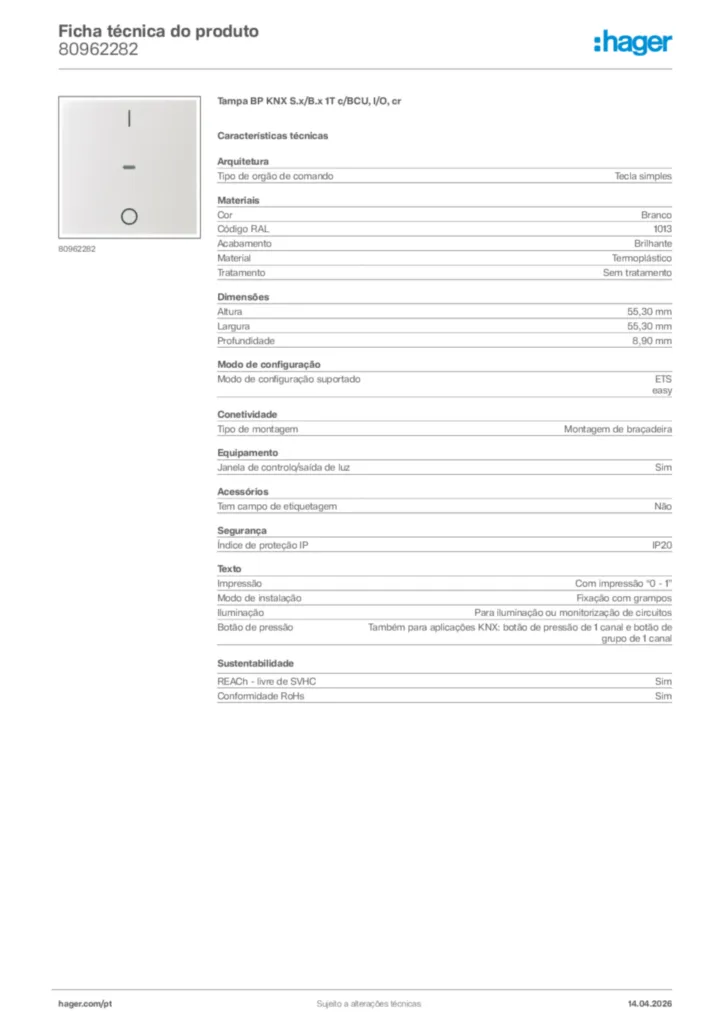 Imagem Hager Ficha técnica do produto 80962282 | Hager Portugal